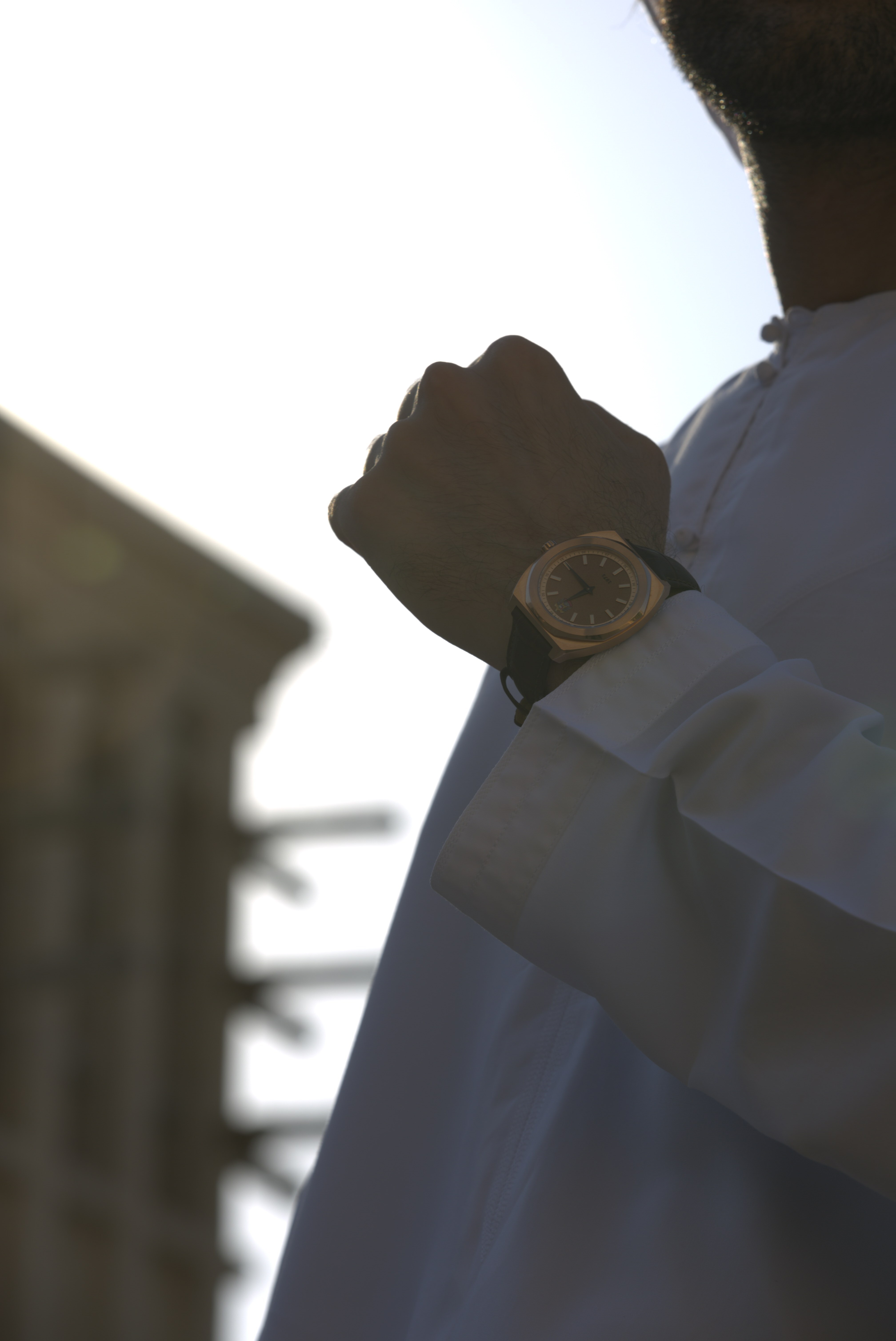Wrist raised against the sky