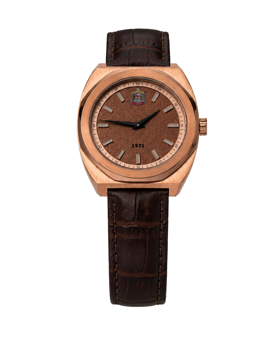 Angled view — rose gold case and croc strap